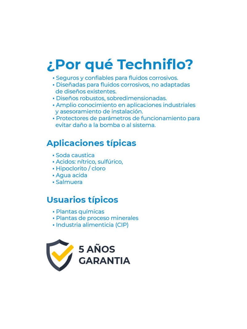 Beneficios de bombas Techniflo: alta eficiencia, resistencia química, bajo mantenimiento y diseño compacto para aplicaciones industriales.